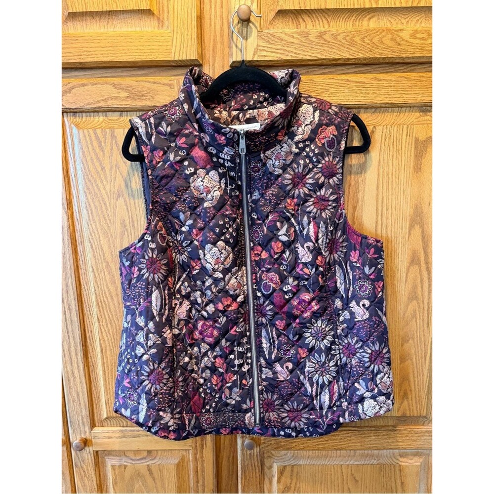 Christopher & Banks Floral Quilted Zip Vest with Fall Pattern Warm Cozy Layer